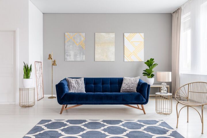 how to paint an accent wall, gray living room accent wall with blue couch