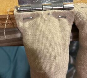 She staples drop cloth tubes around her bench & the final look is actually kind of amazing