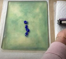 the surprisingly easy way to make your own botanical prints, Blobs of blue paint on a gel press printing plate