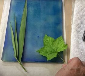 the surprisingly easy way to make your own botanical prints, Arranging greenery on a gel press printing plate painted blue