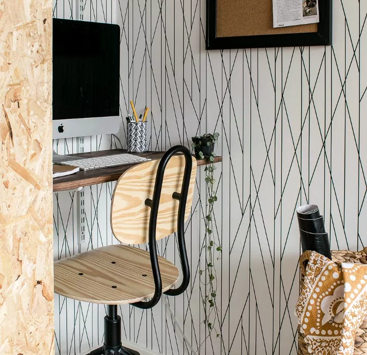 how to hang wallpaper, office nook with black and white wallpaper