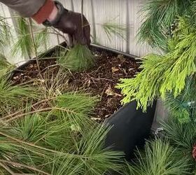 how to create this perfect pine and spruce outdoor winter planter idea, Adding pine branches to the planter
