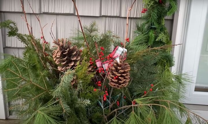 how to create this perfect pine and spruce outdoor winter planter idea, Winter planter with spruce pine and pinecones