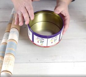 a step by step guide to decorating with upcycled cookie tins, Empty cookie tin and faux wood contact paper