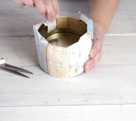 a step by step guide to decorating with upcycled cookie tins, Sticking slits down to the inside of the cookie tin