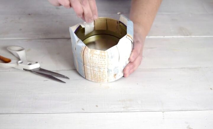a step by step guide to decorating with upcycled cookie tins, Sticking slits down to the inside of the cookie tin