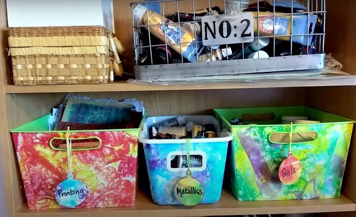 brighten storage bins with vibrant tie dyed tissue paper, Tie dyed tissue paper storage bins