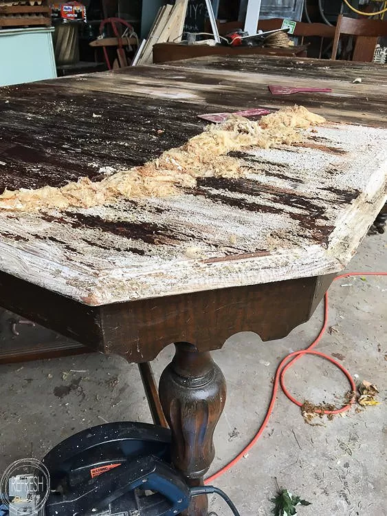 how to refinish a dining table and take it from drab to fab, sanded down table