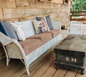 how to paint wicker furniture to give it a new look, white painted wicker couch with cushions and pillows