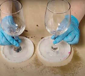 9 easy steps to gorgeous geode resin wine glasses, Placing the wine glasses in the center of the silicone coaster molds