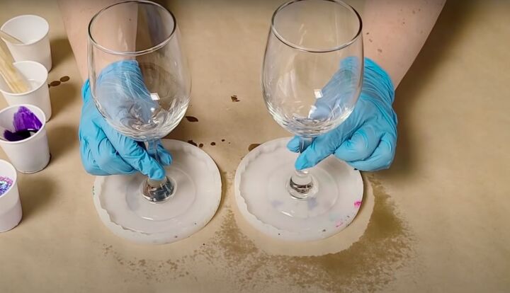 9 easy steps to gorgeous geode resin wine glasses, Placing the wine glasses in the center of the silicone coaster molds