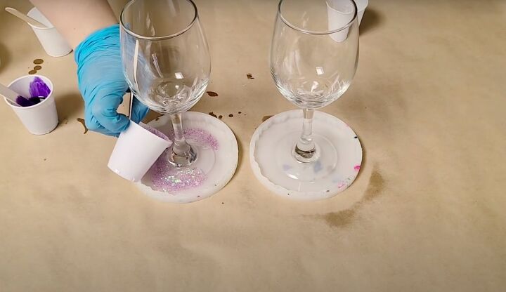 9 easy steps to gorgeous geode resin wine glasses, Pouring resin into the mold over the base of the wine glass