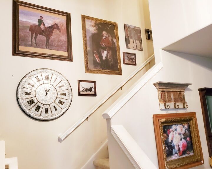 Equestrian gallery wall on my stairway The rustic Victorian chipped wooden frame with the floral print was found at Goodwill Thrift store YouTube video here sharing all the details of that frame