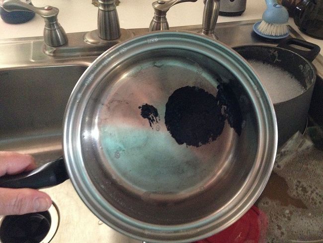 how to clean stainless steel pans properly, black plastic melted on stainless steel pan