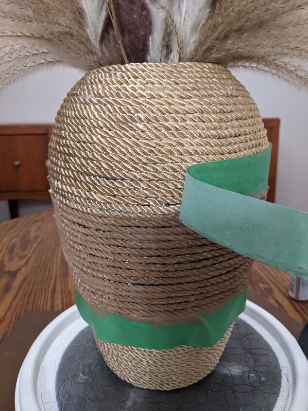 vase makeover using dollar store rope, Holding my breath