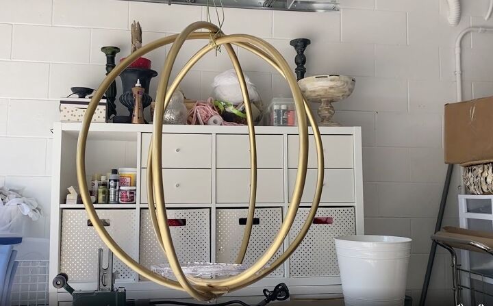 how to make a gorgeous outdoor hula hoop chandelier, Hula hoop chandelier ready to be decorated