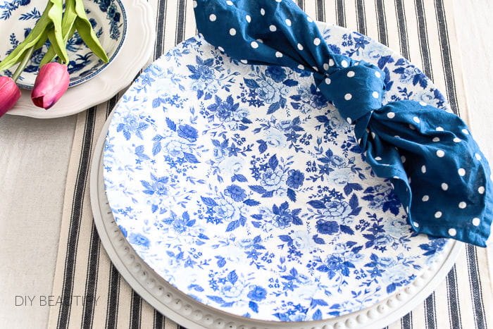 easy blue and white decoupage chargers