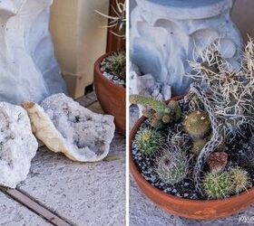 patio makeover potted plant arrangement ideas, The cactus pots sit right outside the patio area The geodes are from the Tucson Gem Mineral Show I have them scattered about like the little pop of sparkle they add