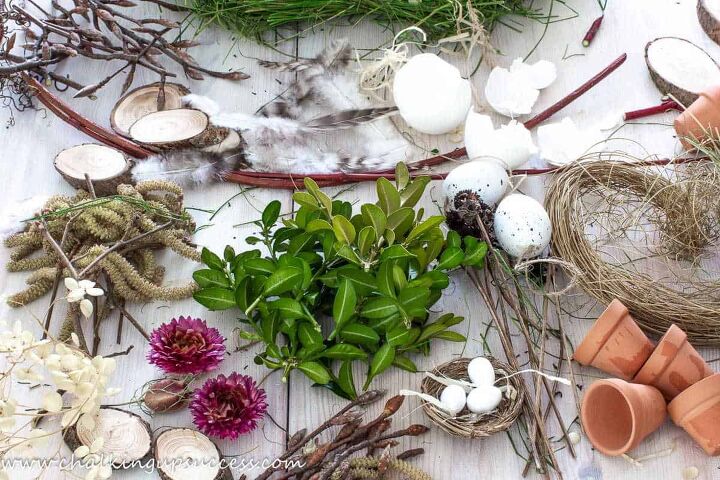 diy bird s nest wreath with twigs and flowers, Supplies for making a DIY bird s nest wreath