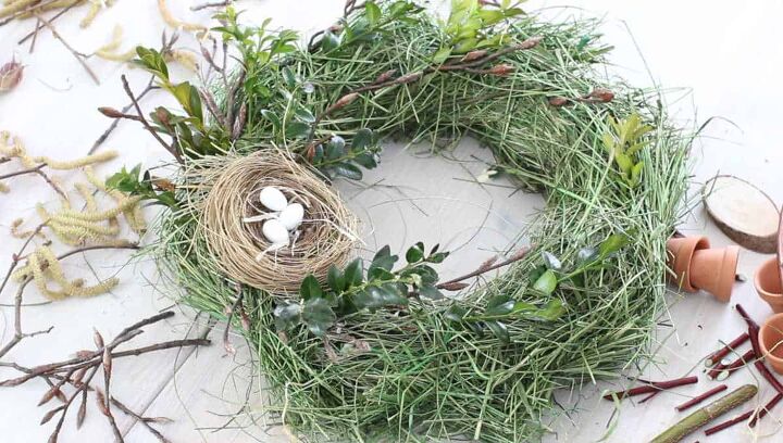 guirlanda de ninho de pssaro com galhos e flores, Use galhos verdes galhos e recortes para decorar a guirlanda