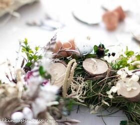 diy bird s nest wreath with twigs and flowers, Mini flower pots and wood slices on a bird s nest wreath
