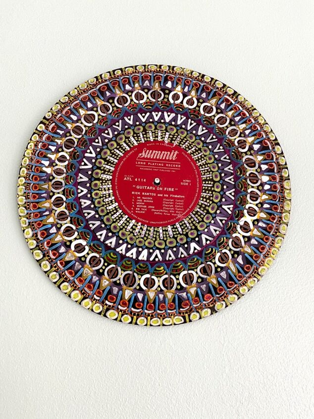 transforme um disco de vinil em uma pea de arte de mandala consciente, arte de mandala de vinil
