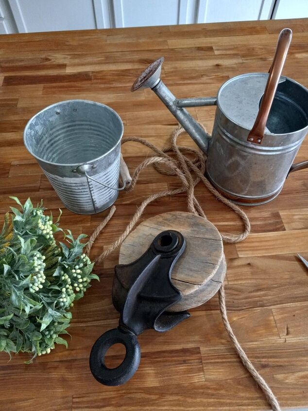 how to make a cute farmhouse pulley hanging bucket planter, Materials for the DIY pulley and bucket planter