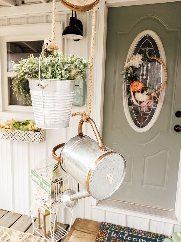 how to make a cute farmhouse pulley hanging bucket planter, DIY hanging bucket planter