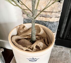 how to style a faux olive tree, Closer view of the burlap stuffed inside the crock