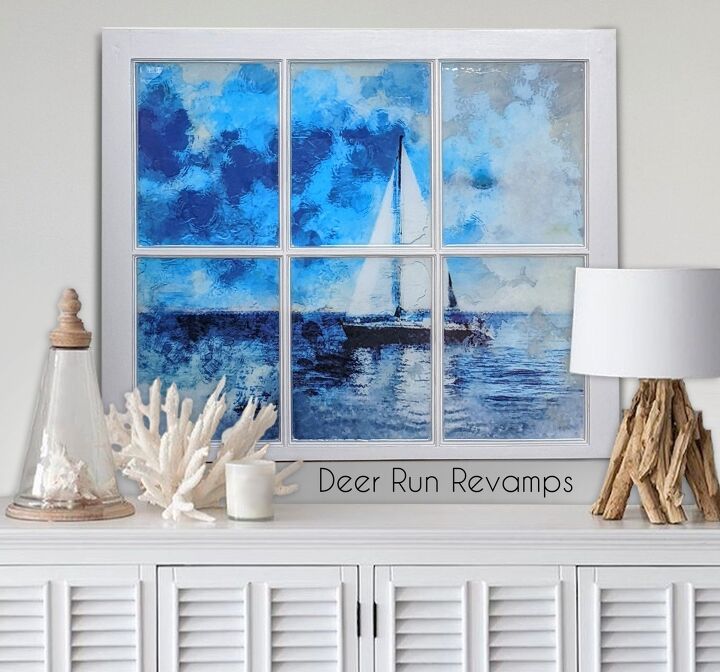 turn an old vintage window into unique coastal wall art, After the transformation