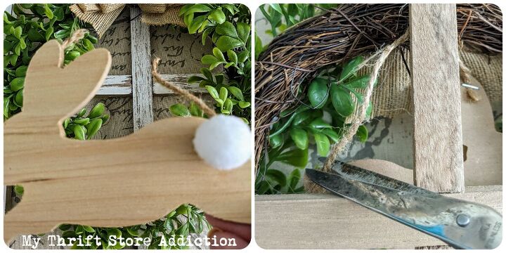 easy clearance wreath upcycle, Removing the wooden bunny by cutting jute