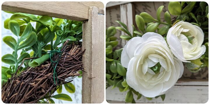 easy clearance wreath upcycle, Back front view of flowers attached by wire