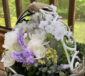 how to make the cutest outdoor dollar tree fence basket, Homemade rustic basket filled with flowers