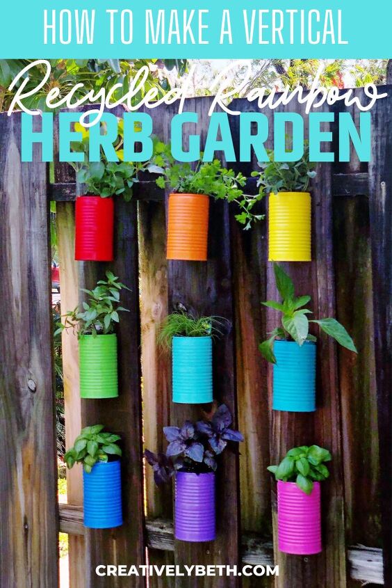 recycled rainbow herb garden from tin cans