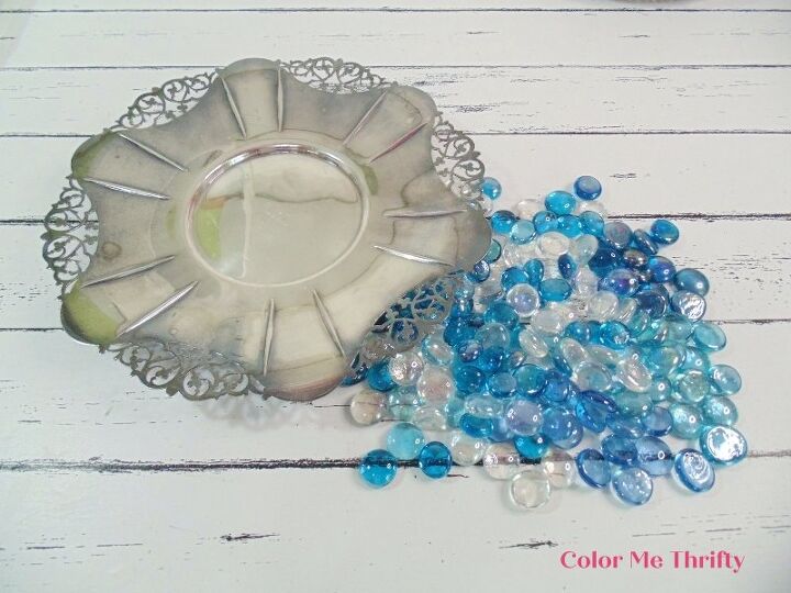 silver tray flowers with glass marble gems