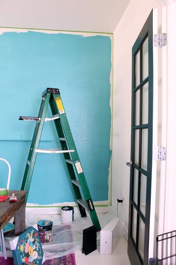 how to paint an accent wall in your home office, The FIRST coat of Deep Turquoise