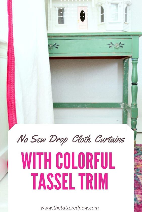 simple no sew drop cloth curtains with colorful tassel trim