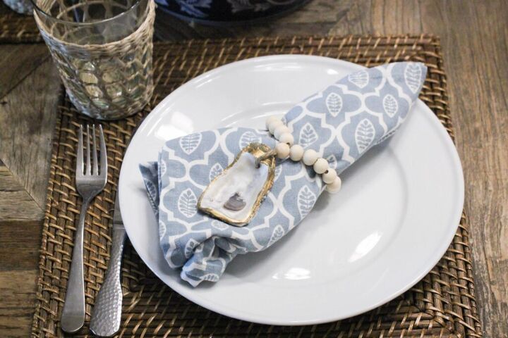 wooden bead napkin rings with oyster shell