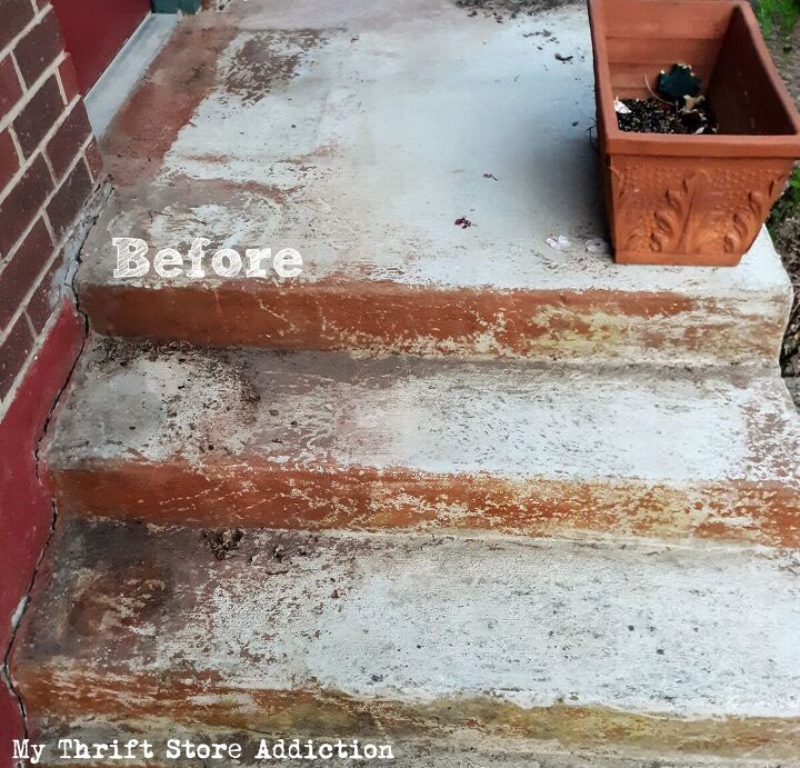 un simple escaln de porche con plantilla para una rpida renovacin del verano, Escalones del porche ANTES