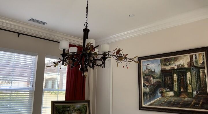 my dining room chandelier makeover before and after, Here is the chandelier with the first two long branches woven lengthwise into the chandelier