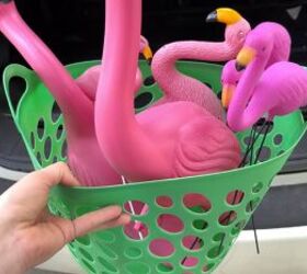 She puts a basket of dollar store flamingos into her trunk to copy this clever outdoor idea