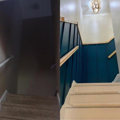 diy herringbone floor in a hallway, Stairway before and after