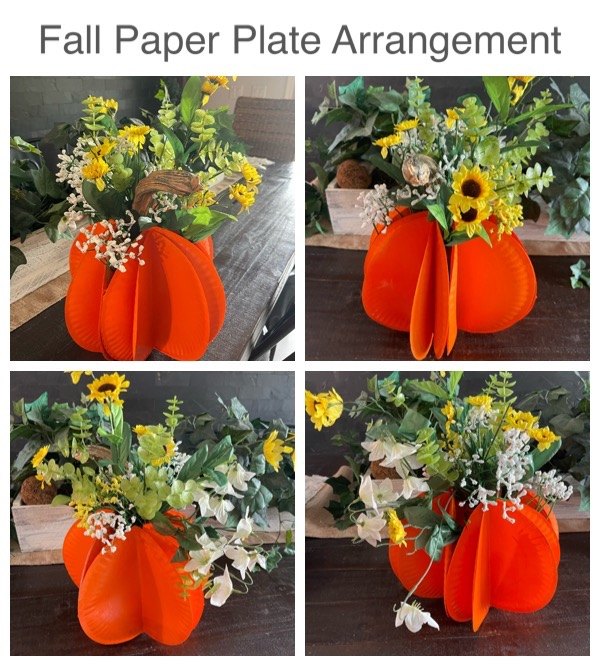 paper plate fall pumpkin arrangement