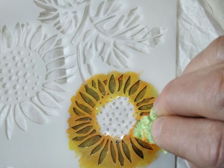 mixed media art pocket c d s repurposed into sunflowers, Blotting the Paint into the Petals