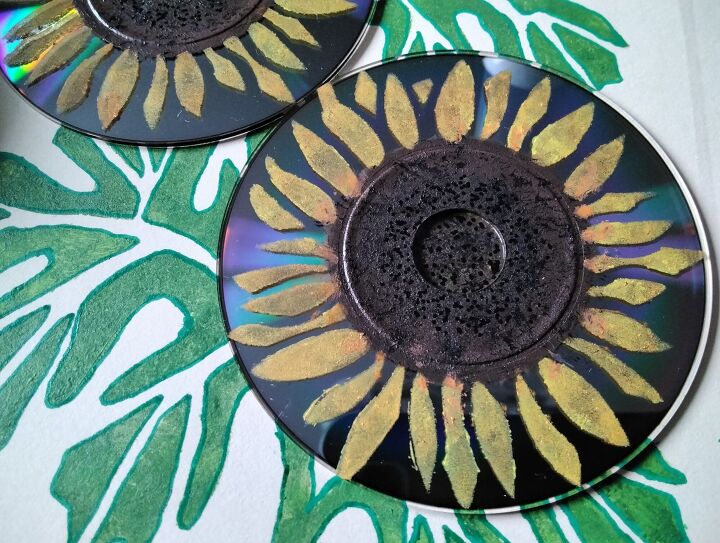 mixed media art pocket c d s repurposed into sunflowers, Secured in Place