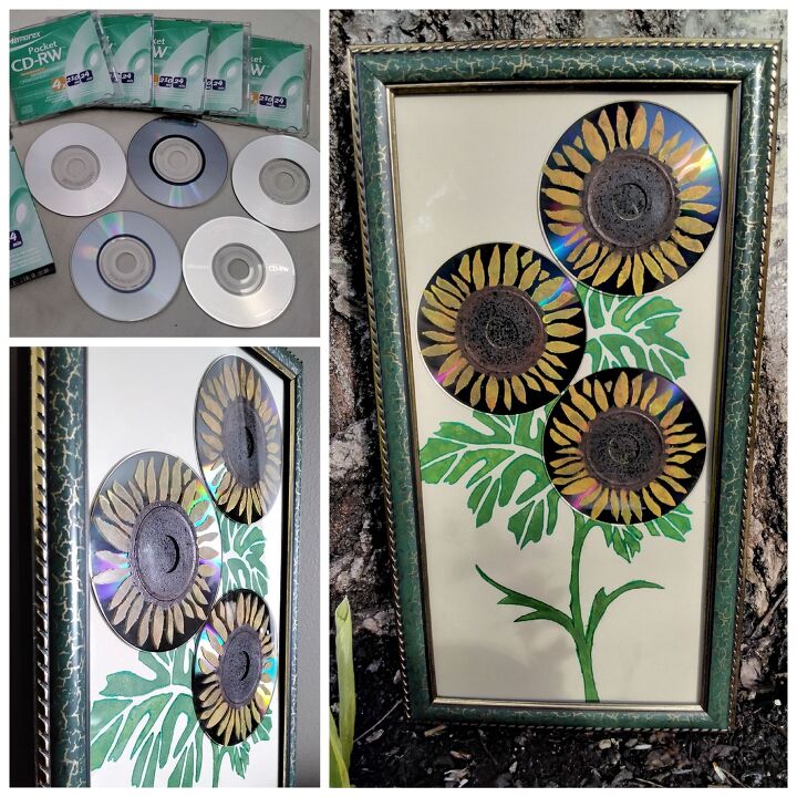 mixed media art pocket c d s repurposed into sunflowers, Before and After