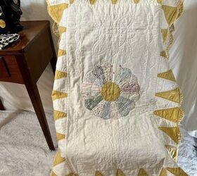 She pins 2 pillow shams together for this delicate and beautiful furniture update