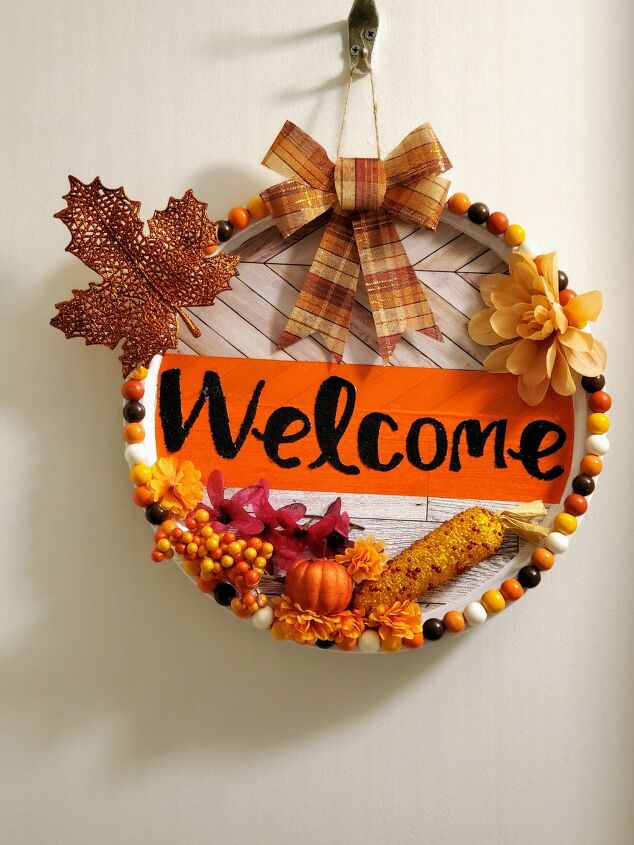 thanksgiving fall dollar tree pizza pan wreath, Welcome Let s have a Thanksgiving feast