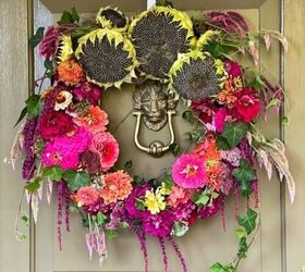 guirnalda para la puerta de entrada con flores frescas de jardn, Corona de jard n de oto o DIY con girasoles celosias zinnias y hiedra