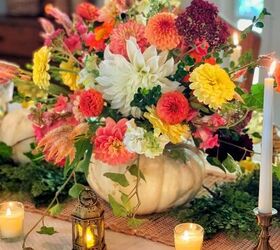 idea de centro de mesa con flores y calabazas para el comedor, Centro de mesa con calabaza